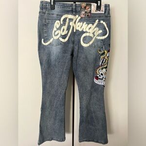 ($125) Ed Hardy Womens NYC Eagle Slim Flare Jeans Size 32x32 Medium Vintage Wash